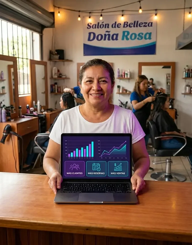 Doña Rosa, dueña de un salón de belleza local en El Salvador, sonríe y sostiene una laptop con un panel de datos que muestra crecimiento empresarial ('MÁS CLIENTES', 'MÁS RESERVAS', 'MÁS VENTAS'), ilustrando el impacto de los servicios digitales para PYMES.