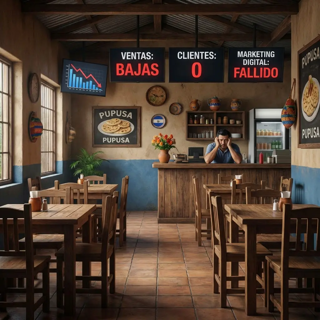 Dueño de un restaurante en El Salvador preocupado en un local vacío, con pantallas que muestran 'VENTAS: BAJAS', 'CLIENTES: 0' y 'MARKETING DIGITAL: FALLIDO', ilustrando los desafíos que Impulso Digital SV ayuda a resolver.