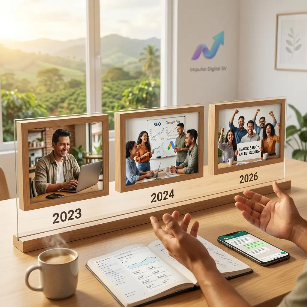 Línea de tiempo de crecimiento de Impulso Digital SV, mostrando la evolución desde 2023 hasta 2026, donde el éxito se representa con métricas de marketing digital: SEO, Google Ads, 'LEADS: 5,000+' y 'SALES: $250K+'. La imagen representa la historia de éxito de la agencia ayudando a clientes a mejorar sus negocios.