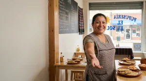 Mujer ofreciendo pupusas en comedor típico salvadoreño, con mesas servidas y rótulo de pupusería al fondo.